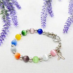 Hand Made Cats Eye Moonstone Multicolor Beaded Breast Cancer Ribbon Bracelet